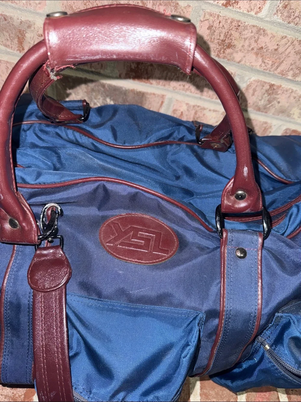 YSL Leather-Trim Navy Duffel Bag with Burgundy Accents